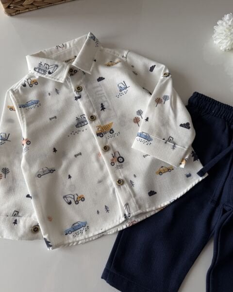 Asarkids Araba Baskılı Keten 2'li Takım - Lacivert