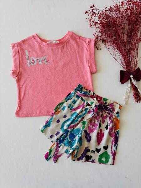 Etnik Desen Şortlu Alin Takım - Pembe