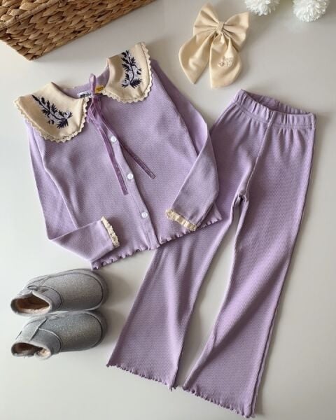 Yaka Nakışlı Ribana Taytlı Takım - Lila