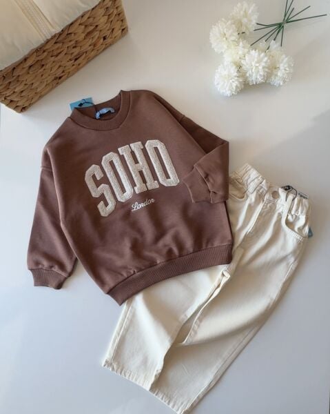 La'ciel Paris Soho Sloganlı Punch Nakışlı 2'li Takım - Kahve Krem