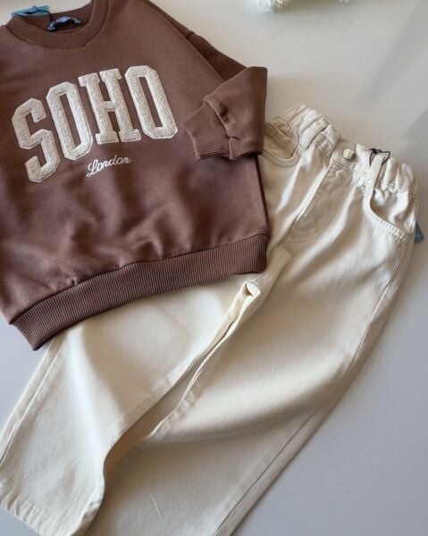 La'ciel Paris Soho Sloganlı Punch Nakışlı 2'li Takım - Kahve Krem