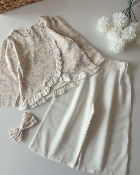 Asarkids Retro Çiçek Desenli 2'li Takım - Beyaz