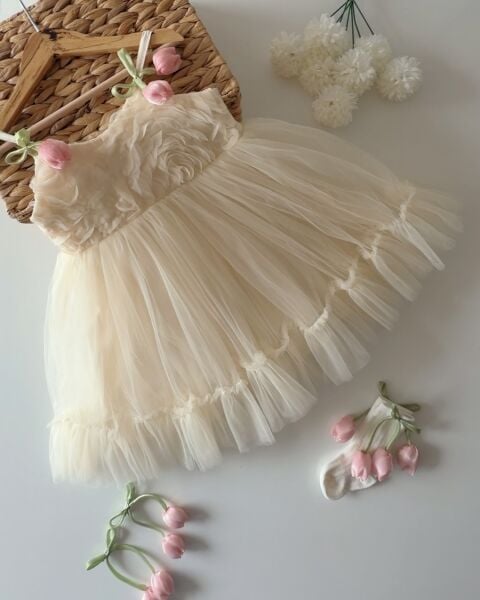 Asarkids Lale  Aplikeli Güllü Elbise - Ekru