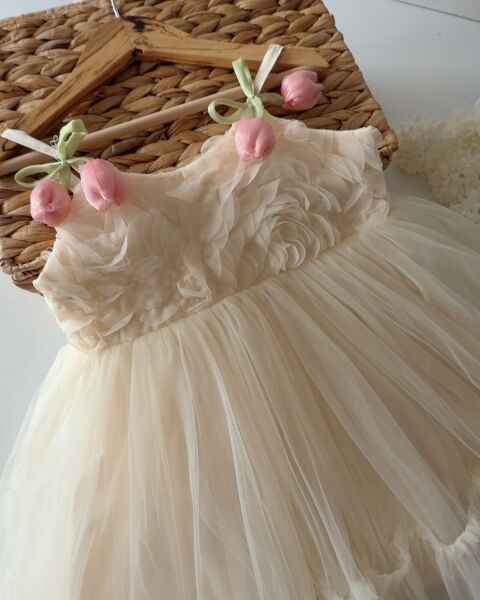 Asarkids Lale  Bağcıklı Güllü Elbise - Ekru