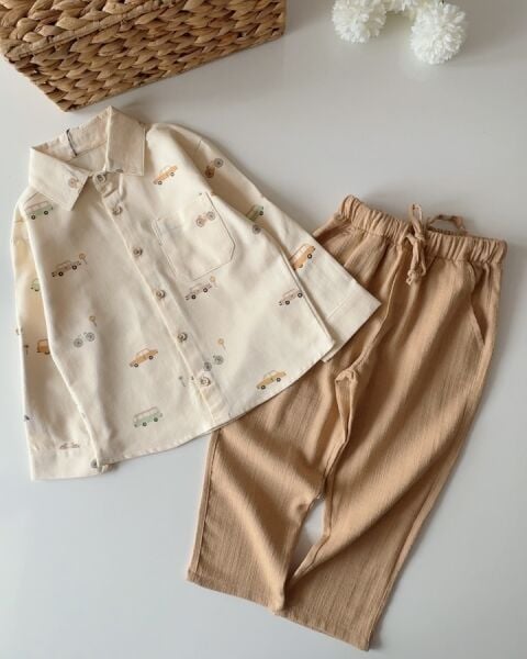 Araba Baskılı Keten 2'li Takım - Krem Kahve