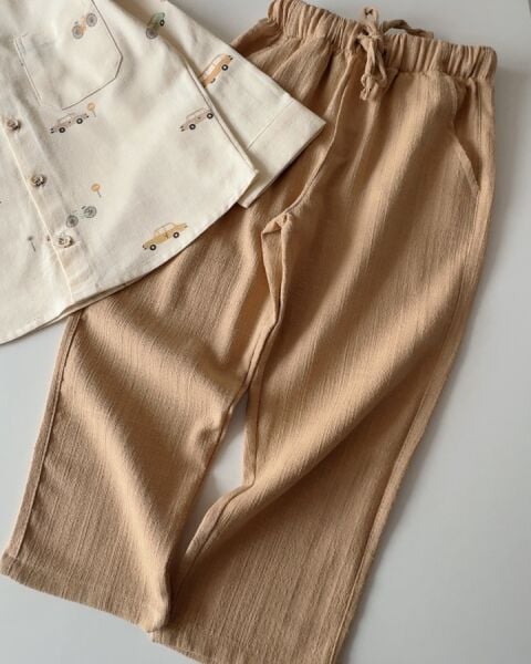 Araba Baskılı Keten 2'li Takım - Krem Kahve