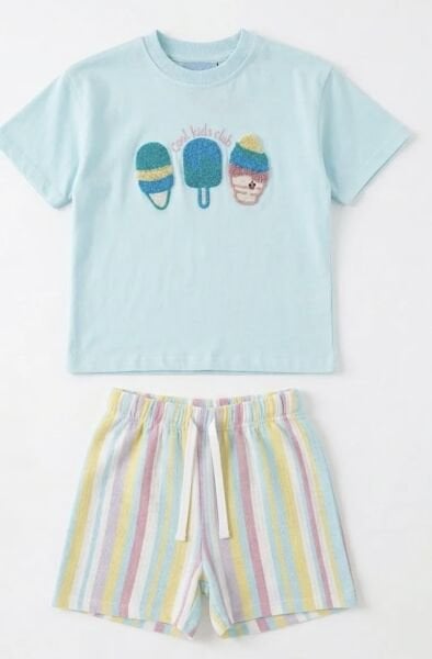 Asar Kids La'ciel Paris Dondurma Punch Nakışlı Çizgilim Şortlu 2'li Takım - Soft Mavi
