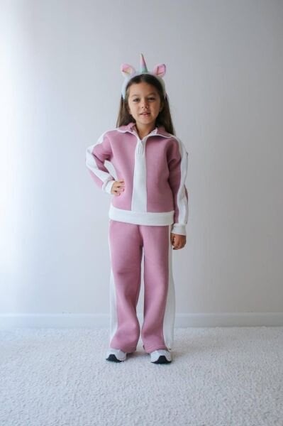 Şardonlu Bloklu Önü Fermuarlı Eşofman Takımı - Gül Kurusu