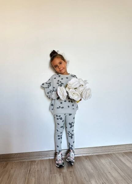 Çiçek Desenli Taytlı Takım - Gri
