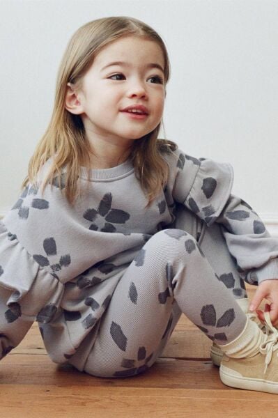 Çiçek Desenli Taytlı Takım - Gri