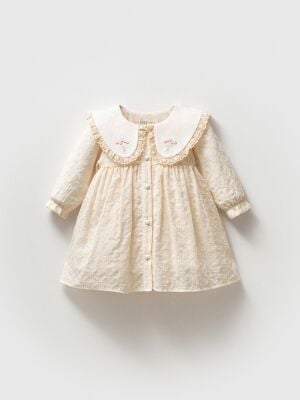 Yakası Nakış ve  Fistolu Bebek Elbise - Krem
