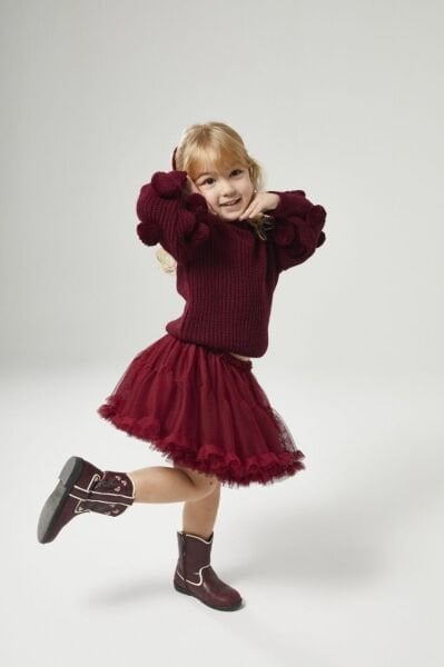 Triko Ponpon Kazaklı Tütü Etekli Takım - Bordo