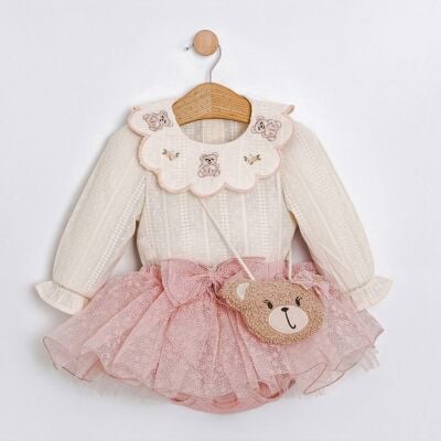 Zıbınlı Tütü Etekli Çantalı Bebek 3'lü Takım -Krem