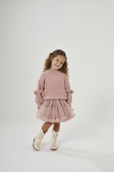 Triko Ponpon Kazaklı Tütü Etekli Takım - Gül Kurusu