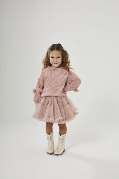 Triko Ponpon Kazaklı Tütü Etekli Takım - Gül Kurusu