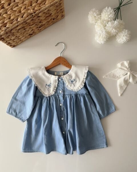 Yakası Nakışlı Denim Bebek Elbise - Mavi