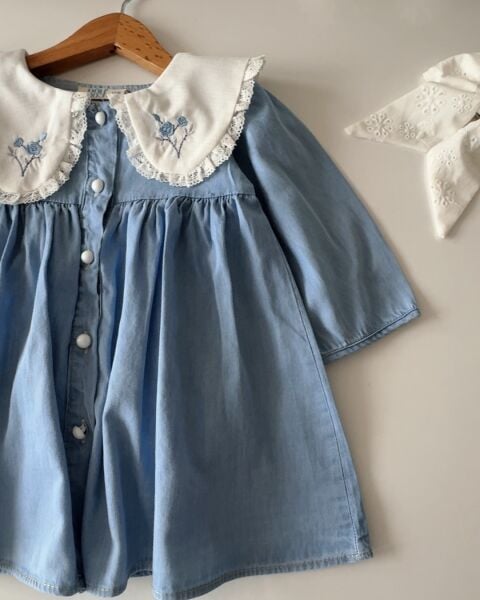 Yakası Nakışlı Denim Bebek Elbise - Mavi
