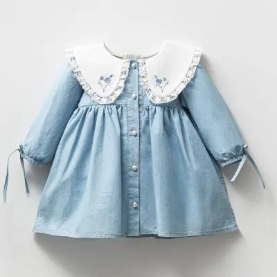 Yakası Nakışlı Denim Bebek Elbise - Mavi